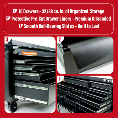 Olympia Tools 72 inch Heavy Duty Mobile Tool Chest Tool Box, with Solid Wood Top Workbench, 15-Drawer Rolling Tool Chest, Tool Storage Organizer for Garage, Workshop, and Home, Black