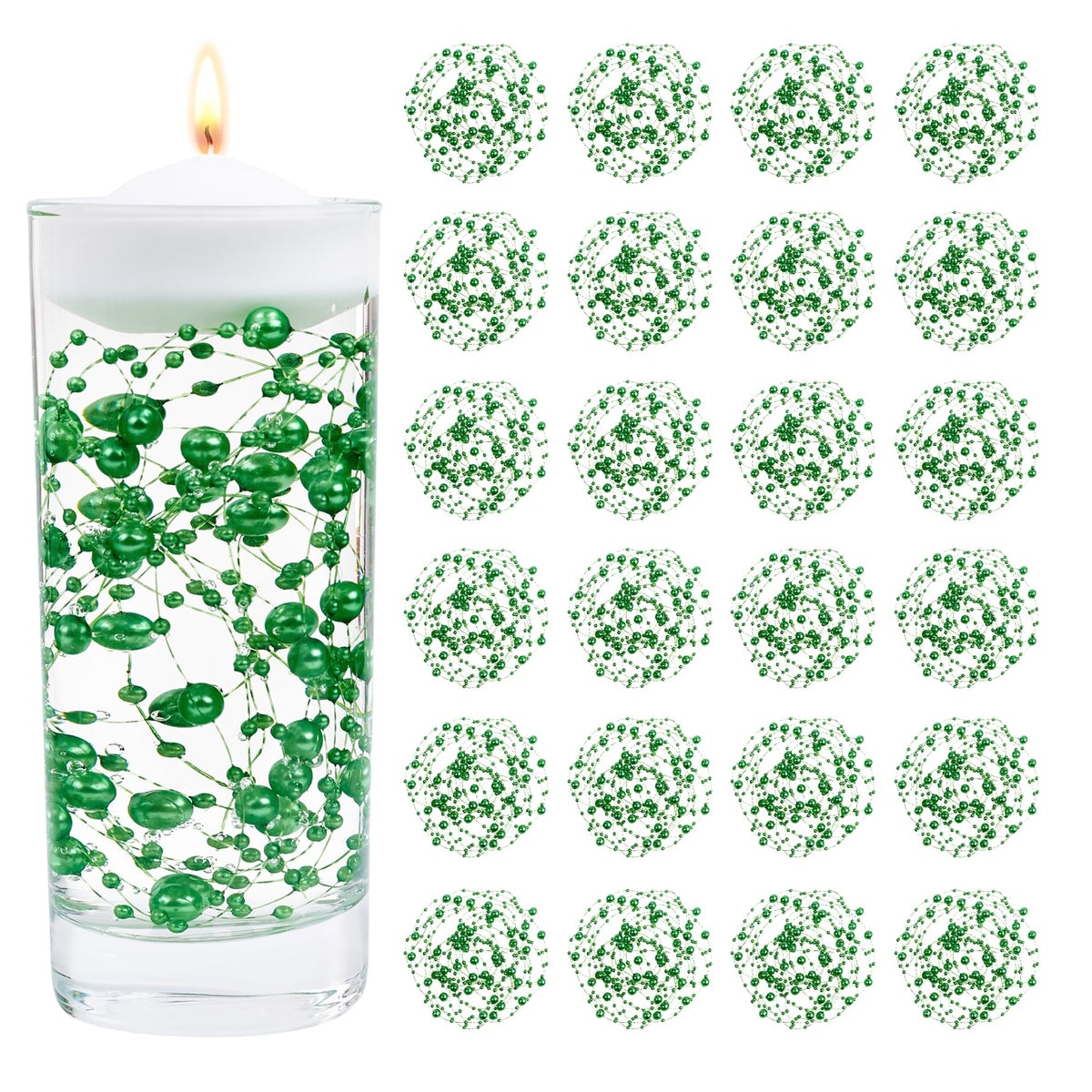 YATOJUZI 30 PCS Artificial Pearl String Green Vase Filler Floating Pearls for Vases Centerpieces Faux Pearl Beads String Decorations Wedding Holiday Party Decor