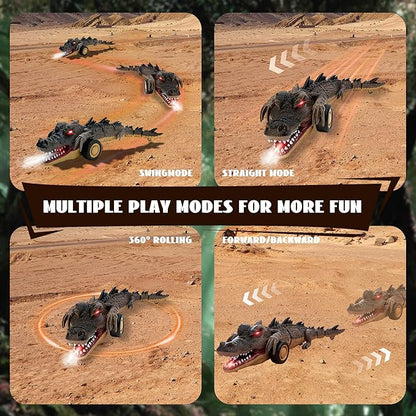 Remote Control Crocodile Car Toy2.4Ghz RC Toy Cars Boys 3-12 Year Old360°Rolling Turns &amp Slides with Lights Cool Outdoor Toys Birthday Gifts Xmas Gifts (Black)