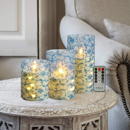 Flickering Flameless Candles Blue Floral Print, Embedded Star String Lights, Battery Operated Acrylic LED Pillar Candles with 11-Key Remote and Timer for Home Decoration, 3 Pack