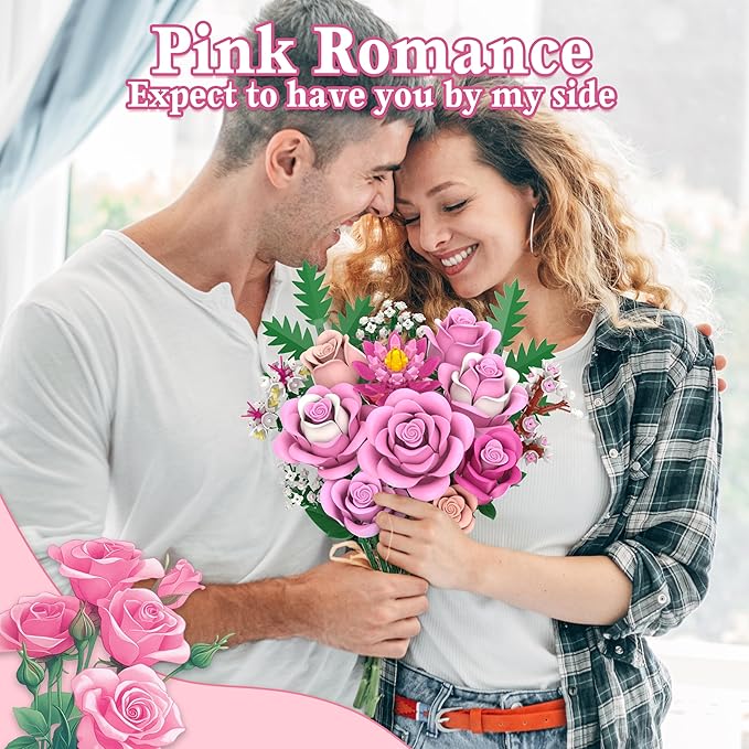 Pink Rose Bouquet Flowers Building Set 834Pcs Roses Artificial Flowers Botanical Collection Compatible with Lego Flowers for Adults Valentines Day Gifts for Her Women Wife Girlfriend Mom