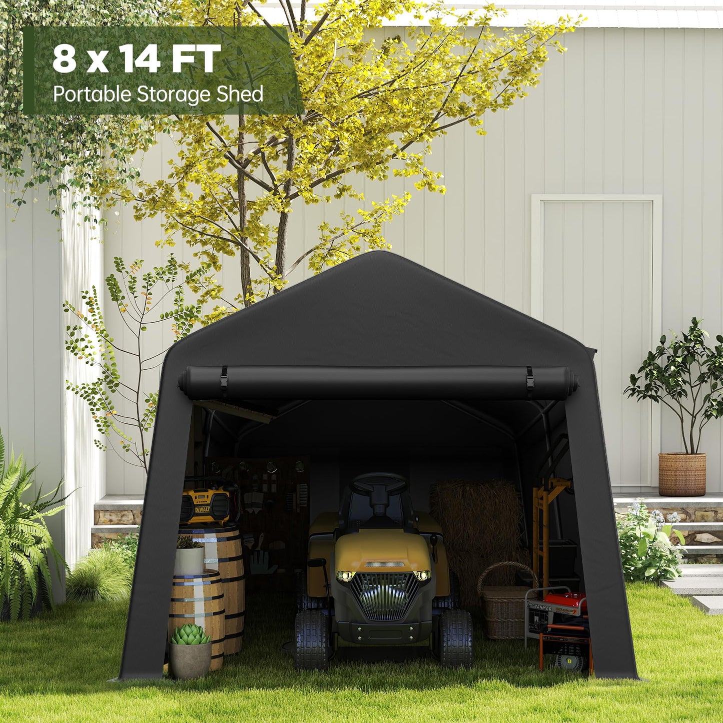8 x 14 Portable Carport Storage Shed, Heavy-Duty Outdoor Shelter with Slide-Up Zippered Door, Canopy for Cars, ATVs, Bicycles, and Yard Tools, Weather-Resistant and Easy-to-Assemble