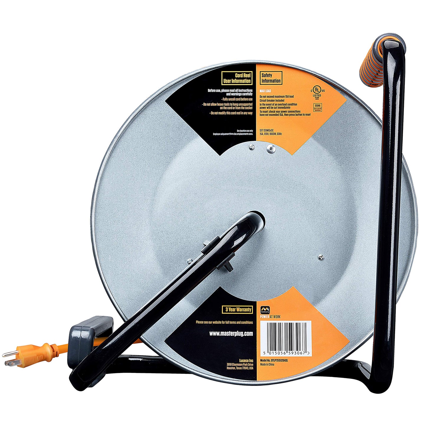 Masterplug Metal Steel Drum with Four Powered Outlets, Open Cord Reel Extension Cord with Winding Handle, Overload Circuit Breaker and Power Switch, 75 Feet 12AWG, High Visibility Cord