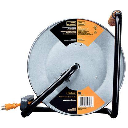 Masterplug Metal Steel Drum with Four Powered Outlets, Open Cord Reel Extension Cord with Winding Handle, Overload Circuit Breaker and Power Switch, 75 Feet 12AWG, High Visibility Cord