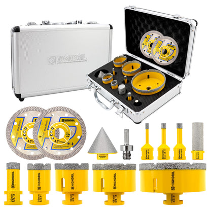 HIGHDRIL 13Pcs Diamond Hole Saw Kit - 1/4", 5/16", 3/8", 4/5", 1-3/8", 2", 4" Drill Bits with 2" Chamfer Bit, 4/5" Finger Bit, HEX Adapter & Saw Blades for Tile Porcelain Ceramic Granite Marble Stone