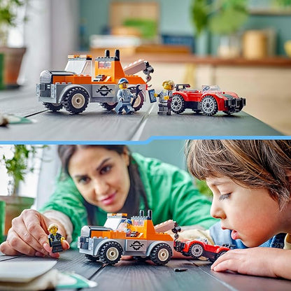 Lego City Tow Truck with Sports Car Toy Car for Boys and Girls from 4 Years Birthday Gift for Children Truck Toy with 2 Mini Figures and Accessories Such as a Cochlear Implant 60435