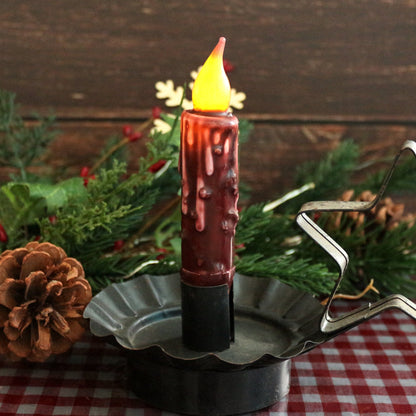 CVHOMEDECO. Real Wax Hand Dipped Battery Operated LED Timer Taper Candles Country Primitive Flameless Lights Décor, 4-3/4 Inch, Burgundy, 3 PCS in a Package