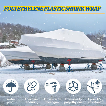 14' X 50' Polyethylene Plastic Shrink Wrap for Boat Shrink Wrap - 7 Mil Boat Shrink Film for Use with Heat Gun, UV Resistance Industrial Shrink Wrap for Protection and Storage, White