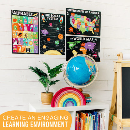 Hadley Designs 4 Alphabet, Map of United States, World Map, & Solar System Posters - Laminated ABC Charts for Toddlers Wall Decor, Chalk Posters for Kindergarten, Prek Classroom or Homeschool 11x17
