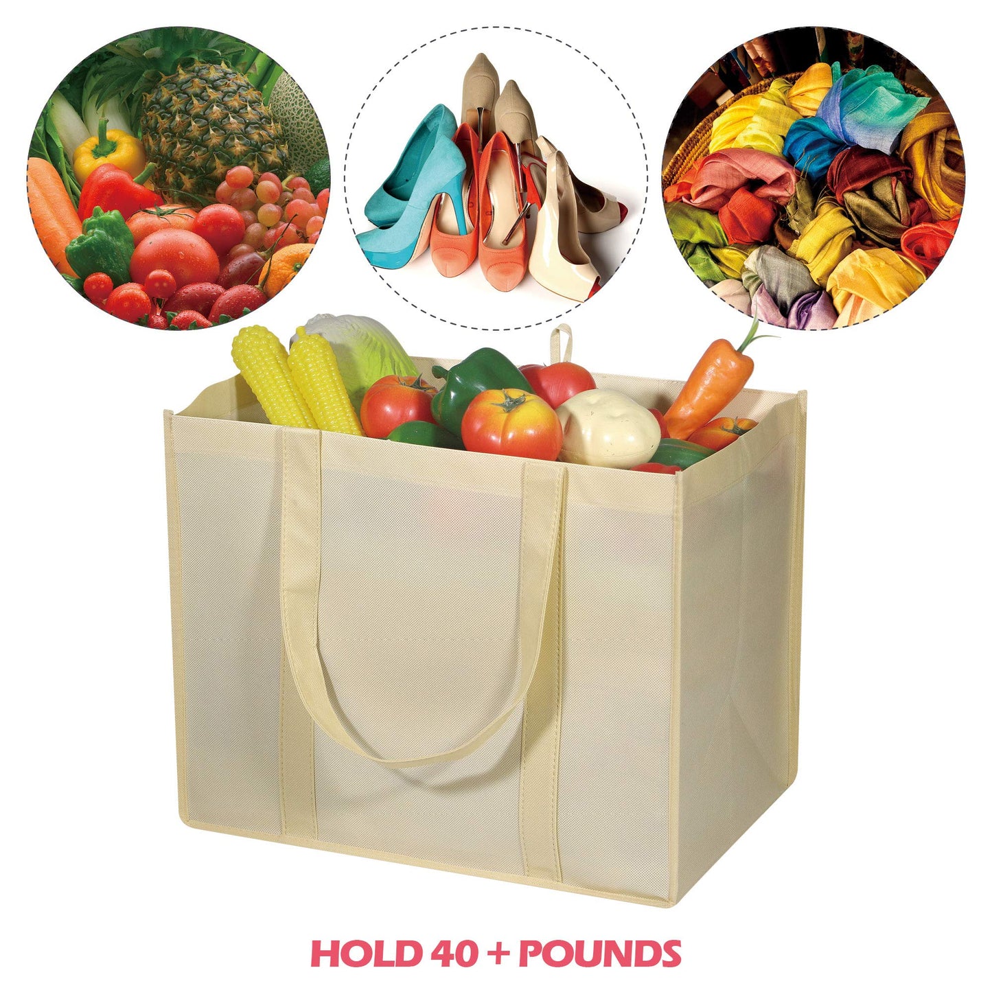 DIOMMELL 10 Pack Reusable Grocery Bags Extra Large Super Strong Heavy Duty Shopping Tote Bags with Reinforced Handles, Beige