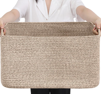Optish 75L Large Woven Blanket Basket - Reinforced Handles for Laundry & Storage | 22” x 17” x 11.5”, Brown