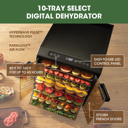 Excalibur Food Dehydrator 10-Tray Select Series for Jerky, Fruit, Vegetables, Herbs, Pet Treats, Stainless Steel with Glass Doors and 60 hour digital timer, 10-Tray, Black