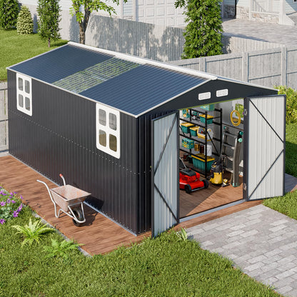 10x16 FT Metal Shed Heavy-Duty | Military-Grade 20-Gauge Reinforced Frame with Powder Coating | 50 PSF Snow Load & 120 MPH Wind Rated | Garden Tool/Bike Skylight Large Building