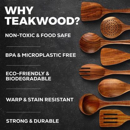 Zulay Kitchen 12-Piece Teak Wooden Utensils for Cooking - Natural Teak Utensil Set with Premium Gift Box - Non-Stick Wooden Spoons for Cooking - Kitchen Gift Set - Comfortable Grip Wooden Utensil Set