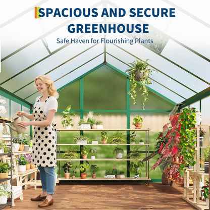 6x10 ft Outdoor Polycarbonate Greenhouse, Durable Aluminum Frame with Lockable Door, Adjustable Roof Vent, Ideal for Backyard, Patio, or Garden, All-Weather Green Houses for Outside Plant Growing