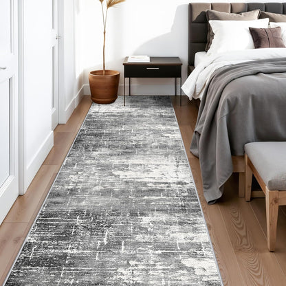 Skiennix Abstract 14ft Long Runner Rug - Non-Slip, Washable, Low-Pile | Soft Black/Grey Indoor Mat