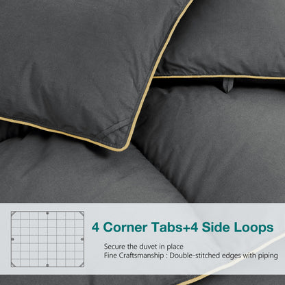 KAKABELL Goose Down Feathers Fiber Comforter Queen Size Noiseless Duvet Insert with Premium Egyptian Cotton Blend Cover Medium Warm Soft Down Feathers Comforter 90x90 Inches