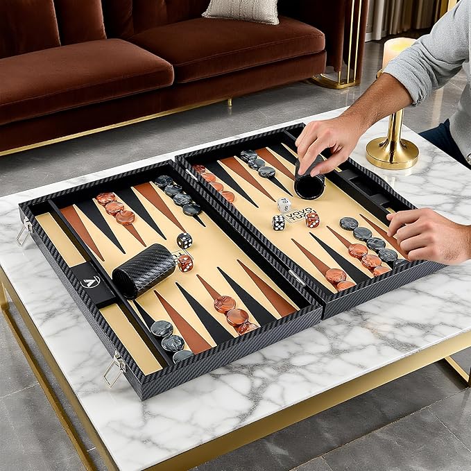 Backgammon Sets for Adults 15 Inch Backgammon Board Game Premium Carbon Fiber PU Leather Backgammon Set with Checkers &amp Dices Large Black Travel Backgammon