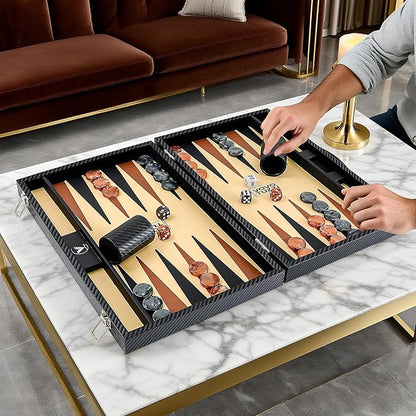 Backgammon Sets for Adults 15 Inch Backgammon Board Game Premium Carbon Fiber PU Leather Backgammon Set with Checkers &amp Dices Large Black Travel Backgammon