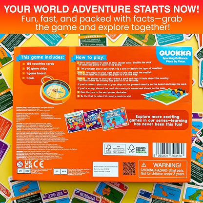 QUOKKA Board Games for Kids 8-12 - Family Games for Kids and Adults - Journey Across the World Card Game Ages 5-9 - Learn Capitals Flags Facts and Map Locations with 195 World Map Cards