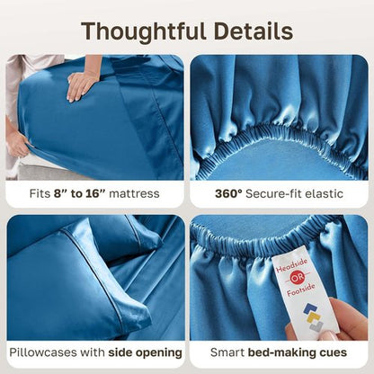 California Design Den Queen Cotton Sheet Set - Silky Smooth 400 TC Sateen Weave with Deep Pockets - Cobalt Blue