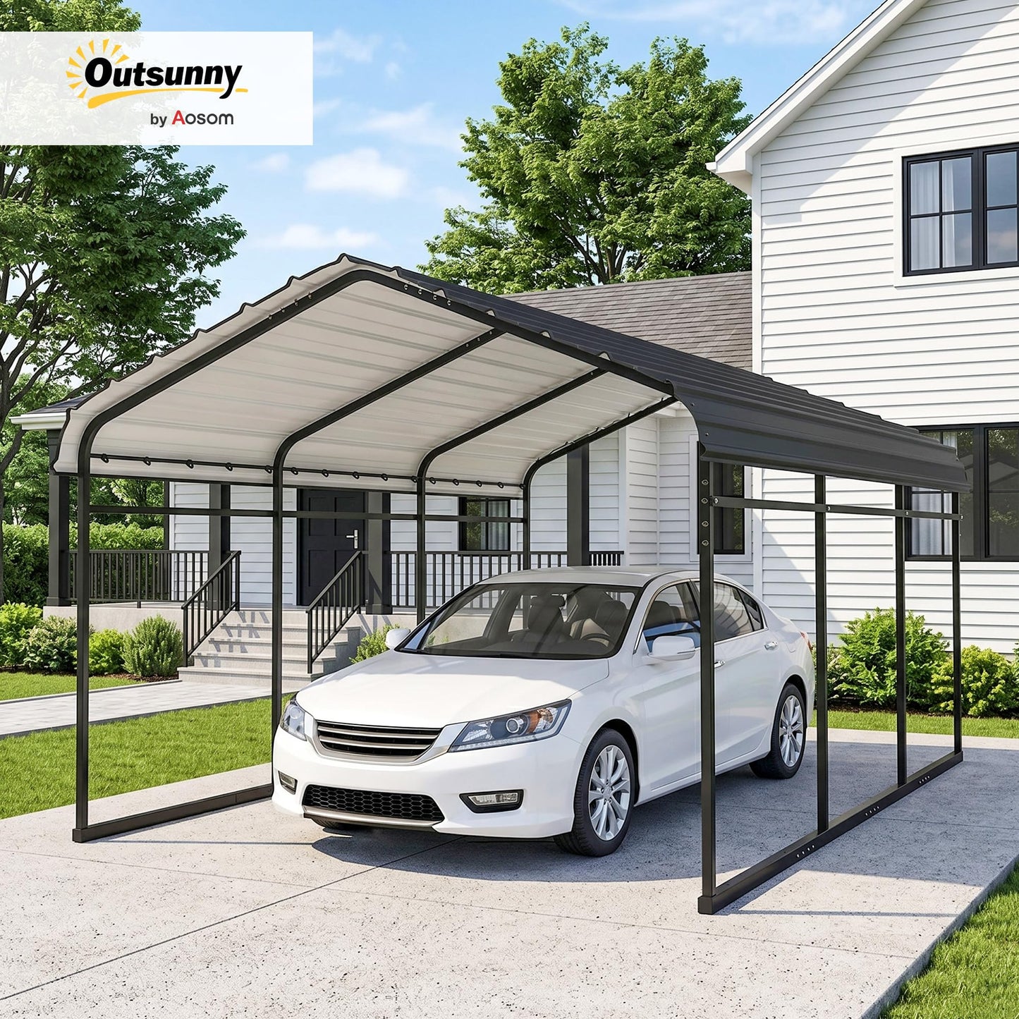 Outsunny 10' x 15' Heavy Duty Metal Carport, Waterproof Garage Car Canopy Shelter with Galvanized Metal Roof and Removable Sidewalls for Cars, Boats, Tractors, Dark Gray
