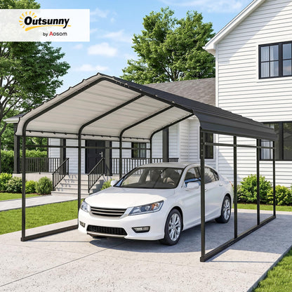 Outsunny 10' x 15' Heavy Duty Metal Carport, Waterproof Garage Car Canopy Shelter with Galvanized Metal Roof and Removable Sidewalls for Cars, Boats, Tractors, Dark Gray