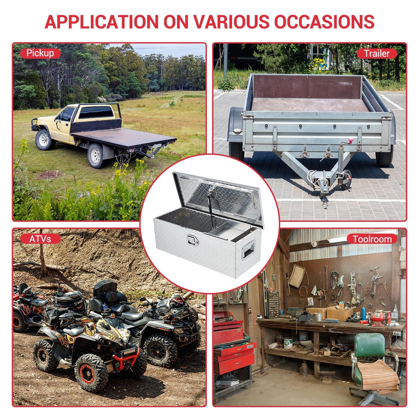SierraSquad Heavy Duty Aluminum Truck Tool Box for Bed of Truck, Weatherproof Diamond Plate Storage Chest with Sliding Shelf, Secure Lock, Gas Rod, Fits Pickup, RV, Trailer, 10x13x30 Inch