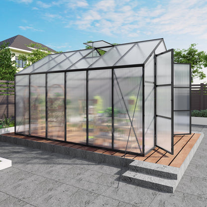 YOPTO 8x12T Greenhouse,Outdoor Polycarbonate Greenhouse with Roof Vent & Drainage System,Heavy Duty Aluminum Walk-in Green Houses for Outside Garden Backyard,Easy Assembly,Black