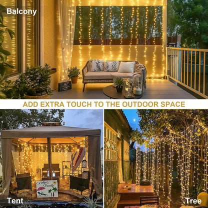 JMEXSUSS 300 LED Remote Control Curtain Lights, Plug in Fairy Curtain Lights Outdoor, Window Wall Hanging String Lights for Bedroom Backdrop Wedding Party Indoor Christmas Patio Dorm Decor, Warm White
