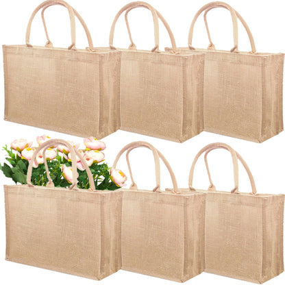 LyyGuanYoo 6 Pack Jute Tote Bag Reusable, Burlap Beach Bags with Sturdy Rounded Handles, Sturdy Base Gym Shopping Travel Bag for Easter Women, Mom, Teachers, Friends, Bridesmaids, 15.4''x12.2''x5.9''