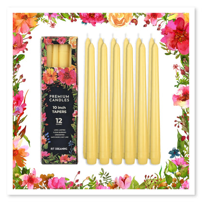 Butter Yellow Taper Candles 10 Inch, 12 Pack - Unscented Dripless Dinner Candles, 7 Hour Burn Time, Premium Solid Wax Candlesticks for Weddings, Parties, Events & Home Decor. Dripless Candlesticks