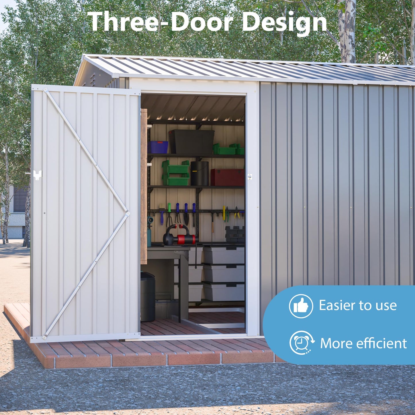 10'x14' Galvanized Steel Outdoor Storage Shed with 3 Lockable Hinged Doors & Side Access Door, 4 Top Air Vents & Built-in Raised Floor Frame, Large Garden Tool Shed, Gray