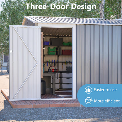 10'x14' Galvanized Steel Outdoor Storage Shed with 3 Lockable Hinged Doors & Side Access Door, 4 Top Air Vents & Built-in Raised Floor Frame, Large Garden Tool Shed, Gray