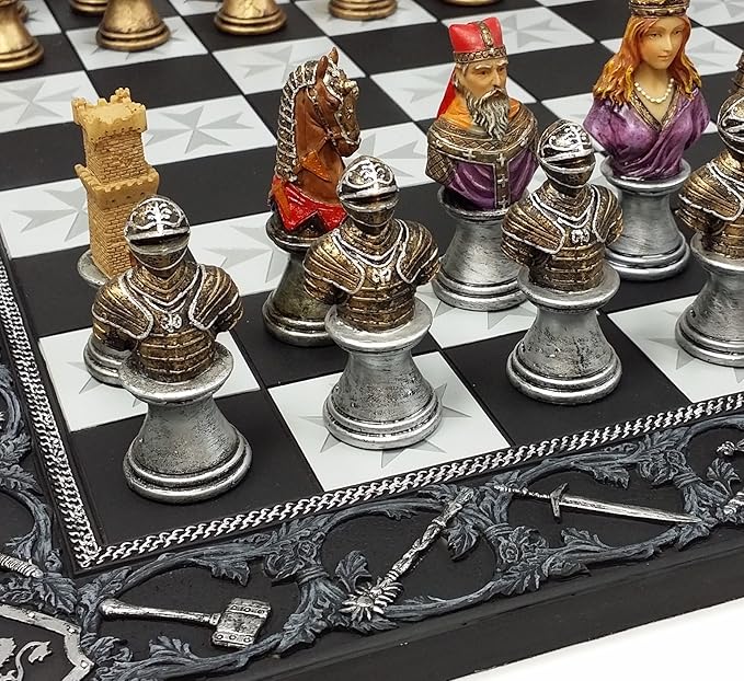 HPL Medieval Times Crusades Color Painted Busts Knights Chess Set with 17 Maltese Board