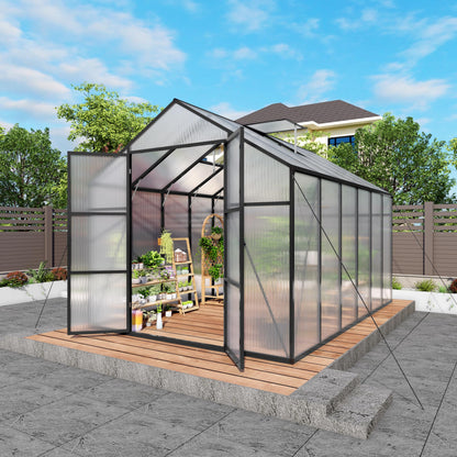 YOPTO 8x12T Greenhouse,Outdoor Polycarbonate Greenhouse with Roof Vent & Drainage System,Heavy Duty Aluminum Walk-in Green Houses for Outside Garden Backyard,Easy Assembly,Black