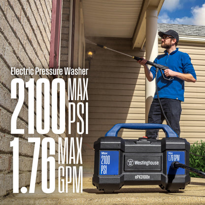 Westinghouse ePX3100v Electric Pressure Washer, 2100 Max PSI 1.76 Max GPM, Built-in Carry Handle, Detachable Foam Cannon, Pro-Style Steel Wand, 3-Nozzle Set, for Cars/Fences/Driveways/Home/Patios