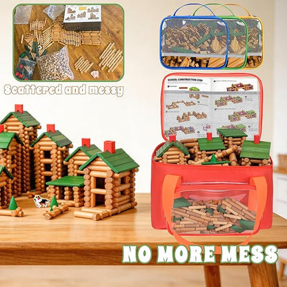 4 Pack Wooden Building Blocks Storage Bags Compatible with Wondertoys 530 Pcs Wooden Logs Set Toy Organizer with Clear PVC Window Mesh Pocket &amp Handles for Wooden Logs Blocks &amp Accessories