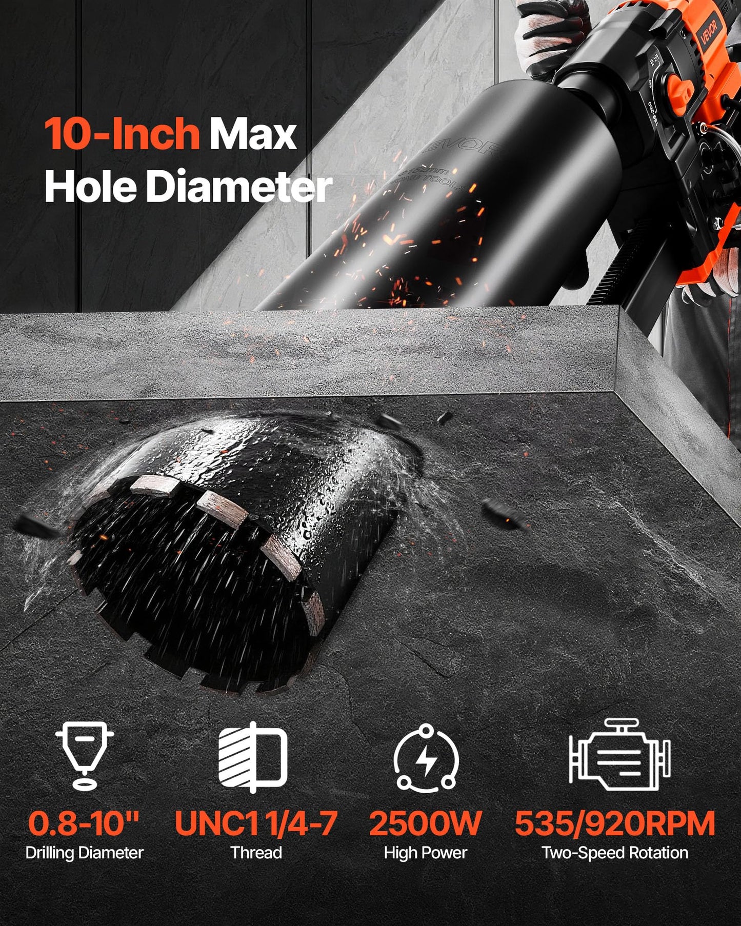 VEVOR Diamond Core Drilling Machine, 0.8-10 in Drilling Diameter, Stand-Mount Dry and Wet Concrete Core Drill Rig with 10 Bits, 470/800 RPM 2-Speed, UNC1 1/4-7 Thread, for Concrete Brick Stone, 2500W
