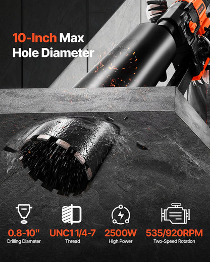 VEVOR Diamond Core Drilling Machine, 0.8-10 in Drilling Diameter, Stand-Mount Dry and Wet Concrete Core Drill Rig with 10 Bits, 470/800 RPM 2-Speed, UNC1 1/4-7 Thread, for Concrete Brick Stone, 2500W