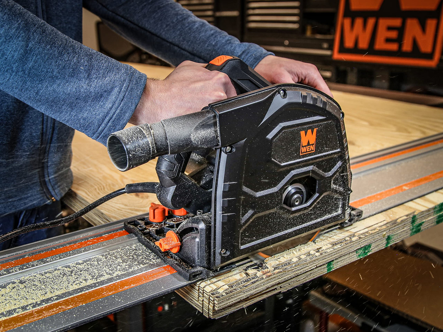 WEN 12-Amp 7.25-Inch Plunge Cut Track Saw Bundle with 100-Inch Guide Rail and Adapters