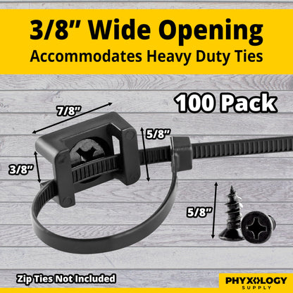 Pro-Grade, Slim, 1x .6 Cable Tie Mounts With Screws 100 Pack. High Strength, Black Zip Tie Bases For Wire Management. Permanently Anchor To Wall, Desk or Baseboard. Run Cords at Your Home or Office
