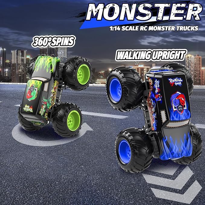 1:14 Waterproof Remote Control Car Front &amp Rear Wheelie Monster Truck Amphibious RC Truck with 2 Sets of Rechargeable Batteries and AAA Batteries 4WD Off-Road Vehicle for Kids Ages 6-12