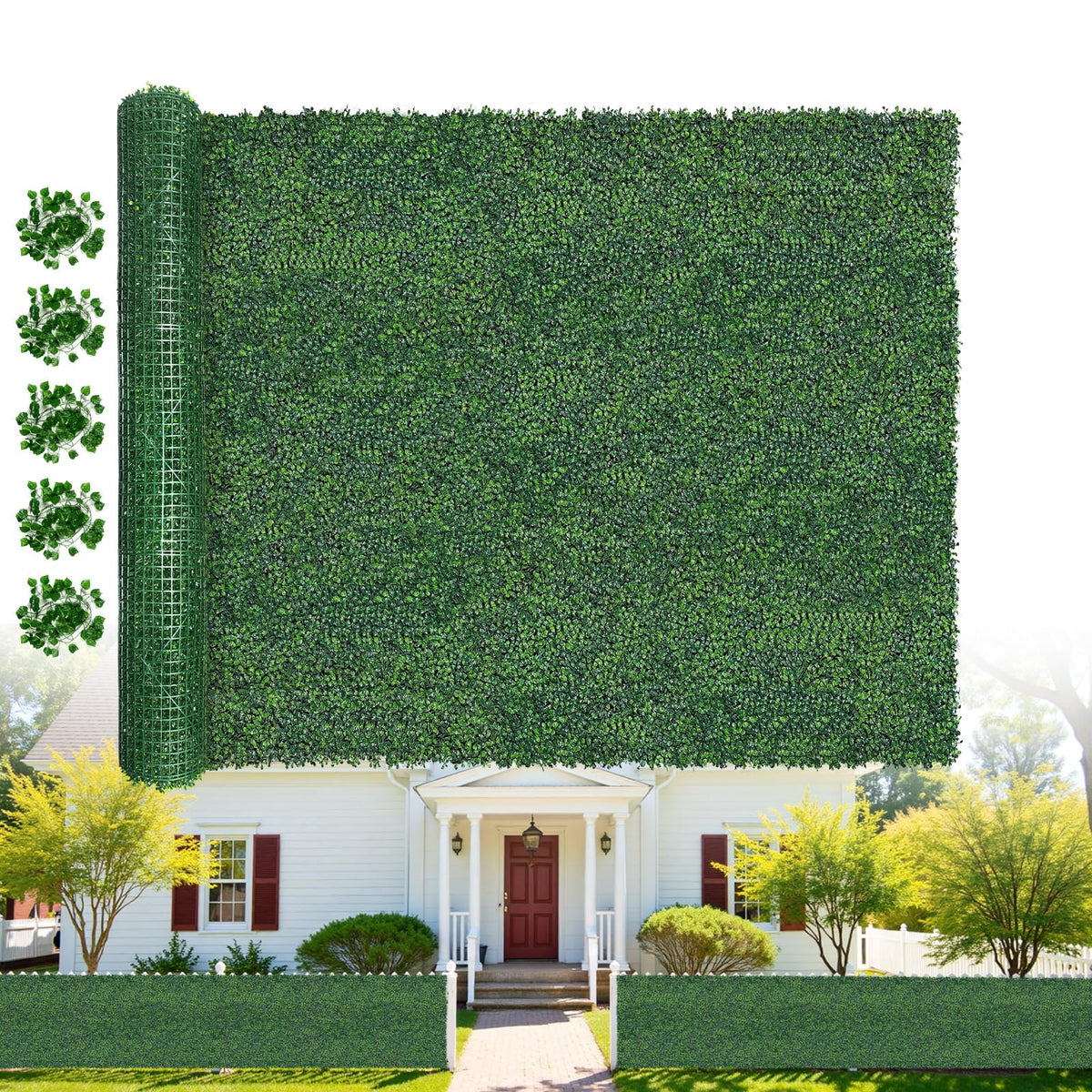 Artificial Boxwood Roll Grass Wall Panels, Greenery Outdoor 40"x120" (33.33 Sqft) UV-Anti Fake Ivy Privacy Fence Screen for Patio, Balcony, Garden, Backyard, and Fence Decor-Includes 5 PCS 79" Vines