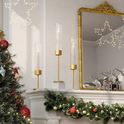Viuieyid Hurricane Glass Candle Holders Set of 3, Premium Tall Gold Candle Stick Holder, Elegant Fluted Candle Holders for Wedding Decor Party Holiday Table Centerpiece Home Festival Decoration