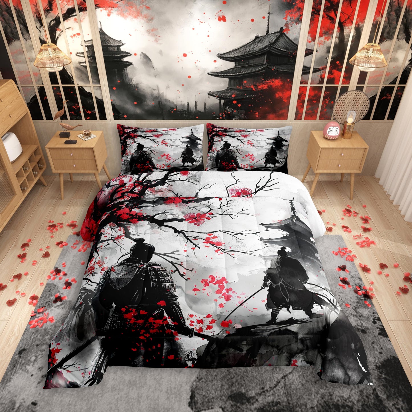 Feelyou Japanese Samurai Comforter Set Queen Size Kids Ukiyoe Comforter for Boys Girls Cherry Blossoms Bedding Set Japanese-Style Duvet Set