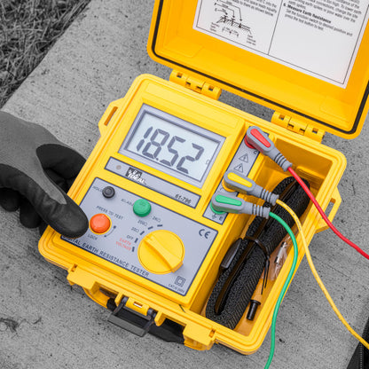 Ideal Electrical 3-Pole Ground Resistance Tester, Auto-Ranging Earth Voltage & Ground Rod Measurement, Non-GFCI Tripping Design, Zero-Ohm Adjust, Data Hold, Hard Case, Leads & Electrodes