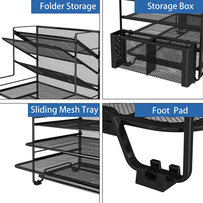 Simple Trending 7 Tier Desk File Organizer, Letter Tray Paper Organizer with Pen Holder and Metal Hanging Basket, Black
