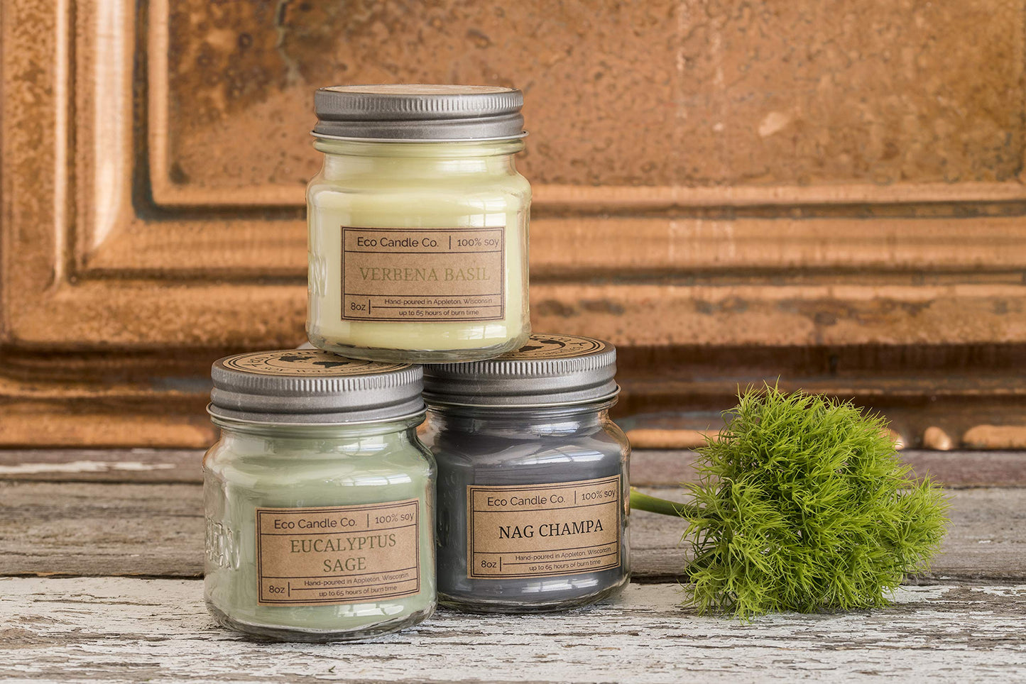 ECO CANDLE CO. Mason Jar Candle, Peachy Keen, 8 oz. - Scents of Peaches, Sugar, & Lemon Juice - 100% Soy Wax, No Lead, Kraft Label & Antiqued Pewter Lid, Hand Poured, Made from Midwest Grown Soybeans
