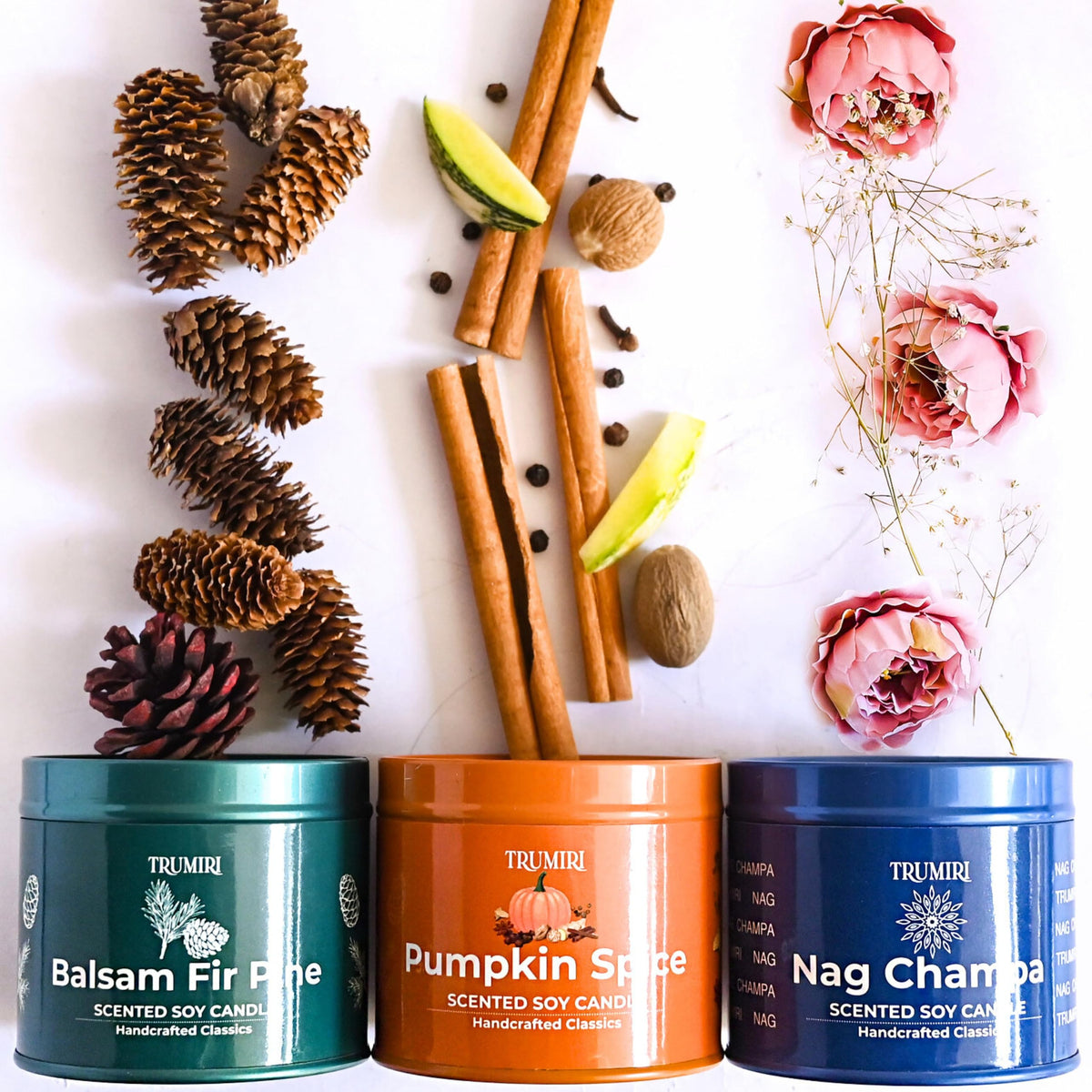 Balsam Fir Pine, Pumpkin Spice, Nag Champa - Soy Candles Non Toxic - Highly Scented Long Lasting with Essential Oils - Variety Pack of 3 x 5oz - for Home Aromatherapy Meditation Gift Travel